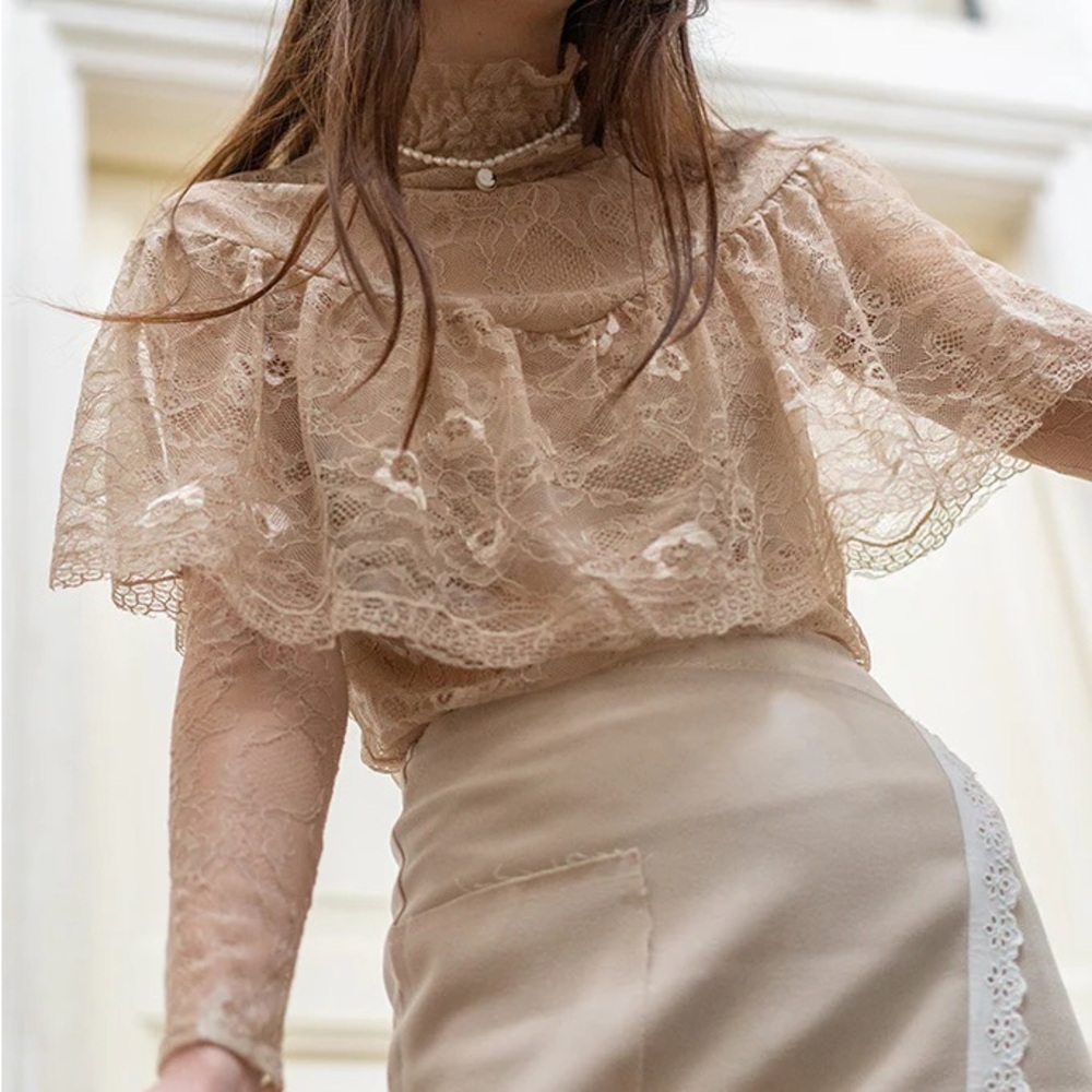 Miss Patina High Neck Beige Lace Top